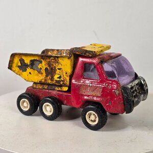 Vintage Metal Toy Dump Truck With Rusted Yellow Bed & Red Cab